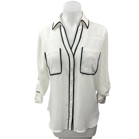 Express Portofino White Button Down Roll Tab Sleeve Pockets Shirt Blouse Top M - Picture 1 of 5